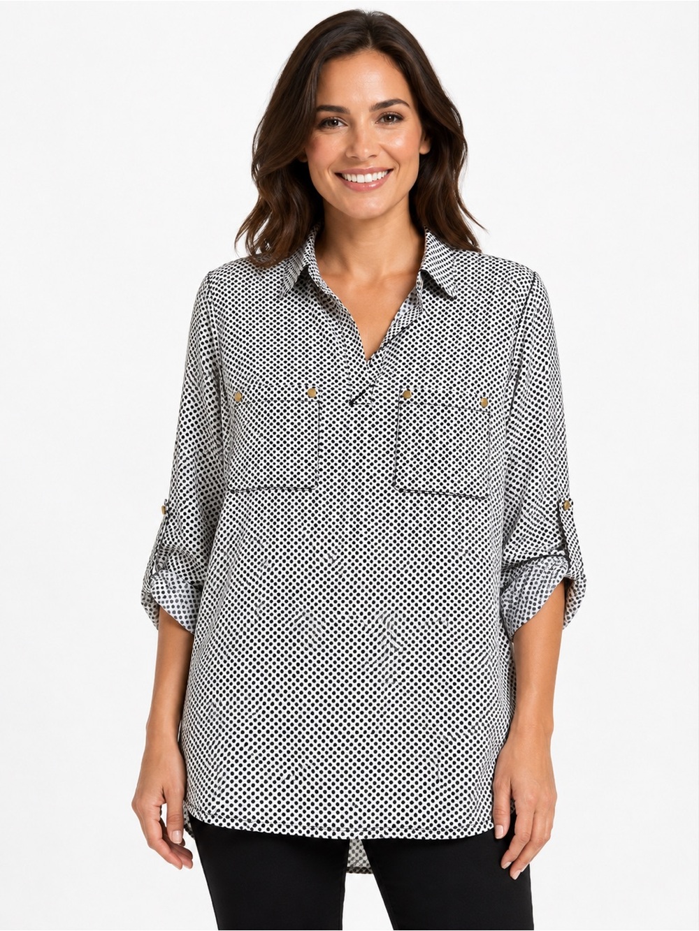 Women's Black and White Polka Dot Button-Front Blouse